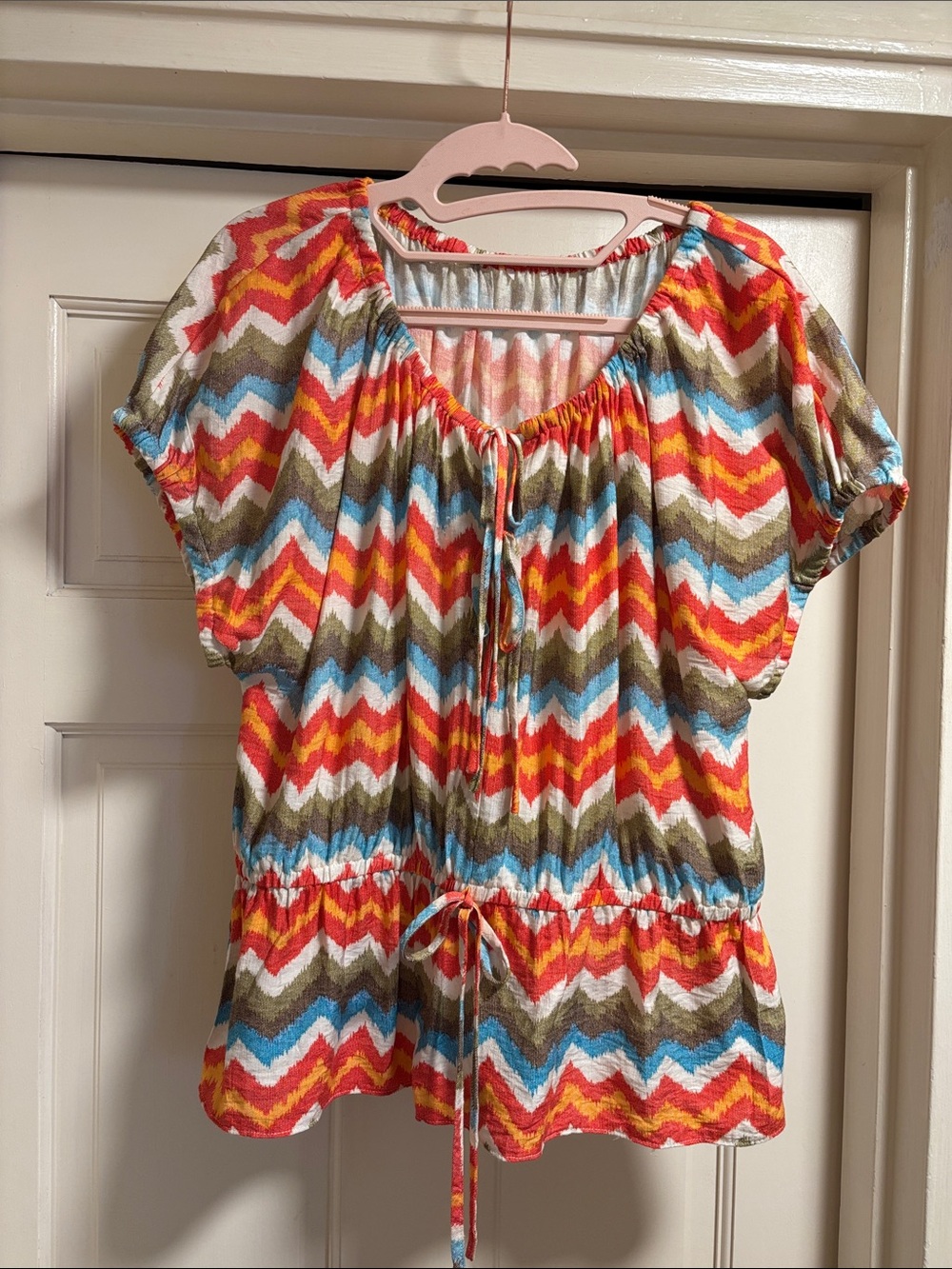 Chevron Tie-Waist Peasant Top - Multicolor